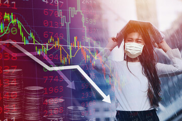 Girl in the heavy rain storm cover head with newspaper for economic obstacle passing concept.