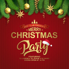 Christmas party poster design template typography, christmas tree, santa’s hat, frame, hanging stars, snow and ribbons decoration for flyers, banner, web and card vector illustration
