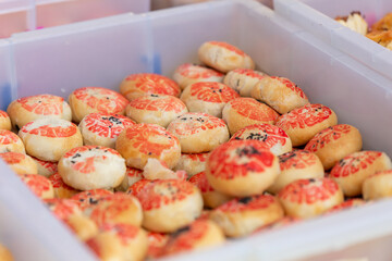 Chinese pastry or chinese cake fried dough stuffed with filling sell at Yaowarat street in J-Festival (Vegetarian food)