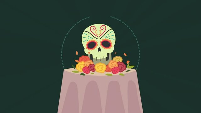 dia de los muertos animation with head skull in altar