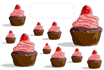 Vector cupcake pattern with butter cream and raspberries on top. Hand-drawn illustration. A sketch of a cake painted as if with markers or watercolors. Place for lettering or congratulations