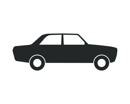 Car vector icon. Big old sedan automobile. Side profile transport and traffic logo. Cartoon style clip-art image. Retro vintage auto vehicle symbol sign. Black silhouette isolated on white background.