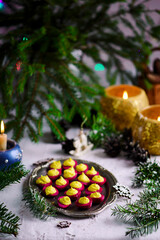Fototapeta na wymiar Beet deviled eggs on the New Year's table.style rustic.