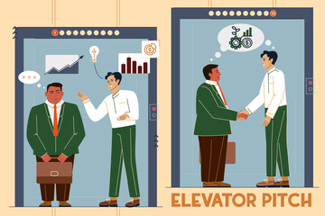 Vector illustration of an elevator pitch, a short description of an idea, product, or company