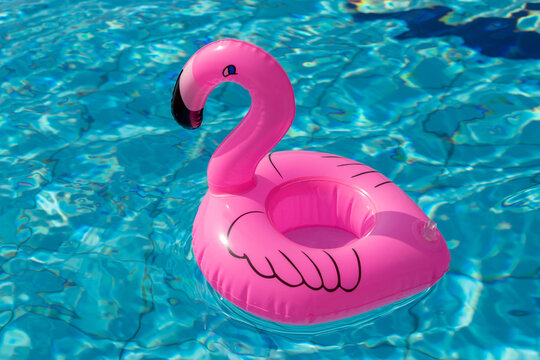 Flamingo print. Pink inflatable flamingo in pool water for summer beach background. Minimal summer concept.