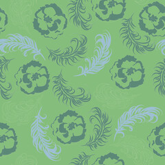 Seamless pattern with  flowers and feathers on a green background for textile, paper, wallpaper