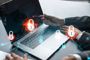 Man and woman working together on securitization of information of project. Blue icon infographic...