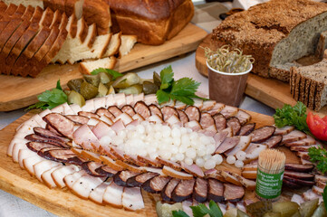 Table filled with starters, appetizers and snacks, food for a feast celebration, Lithuanian or Northern Europe or Baltic food