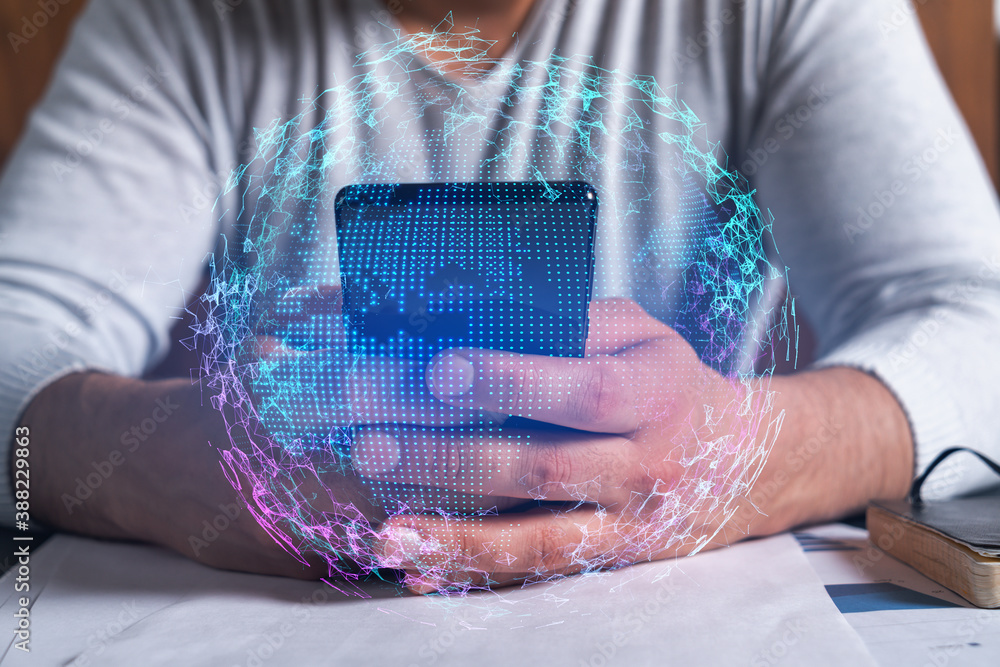 Poster man using phone. hands typing smartphone. double exposure with world map planet earth hologram. clos