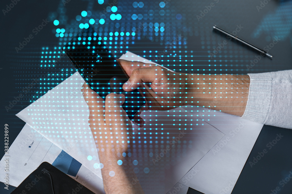 Poster man using phone. hands typing smartphone. double exposure with world map planet earth hologram. clos
