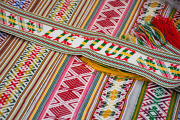 Handmade textile bookmarks sold on Easter fair in Vilnius, Lithuania. Traditional Lithuanian fair, belt for costumes 