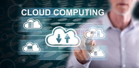 Man touching a cloud computing concept