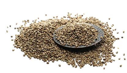 Hemp seeds pile with decorative metal bowl isolated on white background