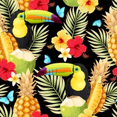 Vector seamless pattern with toucan and fruits - obrazy, fototapety, plakaty