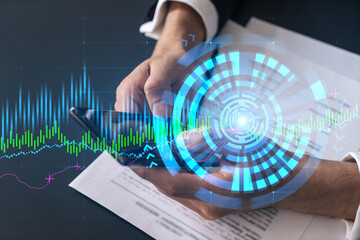 Businessman search and analyze using on-line app on phone. Financial graph hologram.