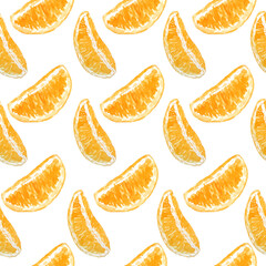 Watercolor hand drawn seamless pattern illustration of bright orange tangerine mandarine citrus fruits pieces minimalist geometric. For food organic vegetarian labels, packaging. Natural trendy design