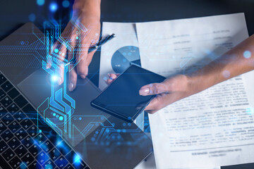 Technology drawings and a woman signing papers use phone. Double exposure.