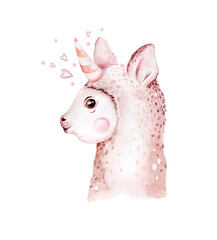 Cute watercolor llama, alpaca illustration isolated on white. Llama print ethnic blanket, flowers wreath, floral bouquet and boho mexican decoration