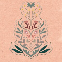 Illustration with leaves and flowers in a pink background.