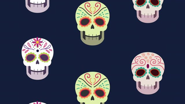 dia de los muertos animation with heads skulls pattern