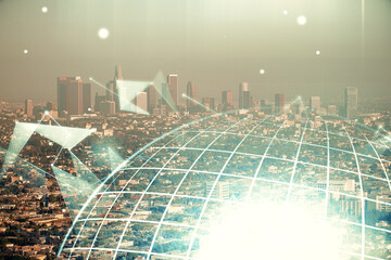 Map and data theme hologram on city view with skyscrapers background double exposure. International technology in business concept.