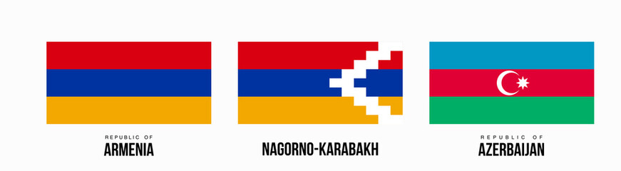 Nagorno-Karabakh, Azerbaijan and Armenia flags state symbols isolated on white background. war between Armenia and Azerbaijan for independence of Artsakh Nagorno-Karabakh Illustration with state flags