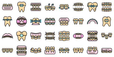 Tooth braces icons set. Outline set of tooth braces vector icons thin line color flat on white