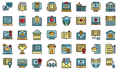 Distance education icons set. Outline set of distance education vector icons thin line color flat on white