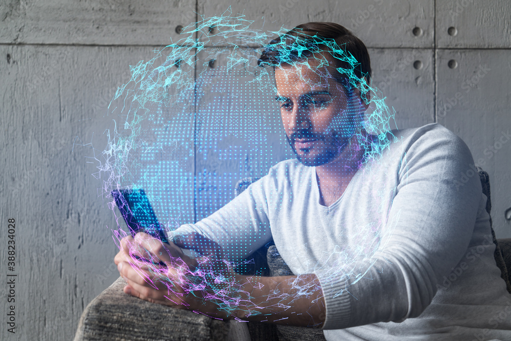 Poster double exposure of world map drawing hologram and a man searching information on phone in internet.