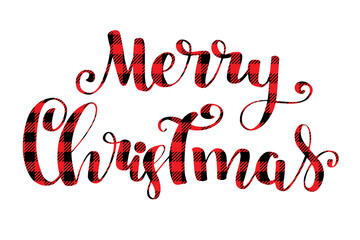 Merry Christmas card. Lettering inscription red tartan background.