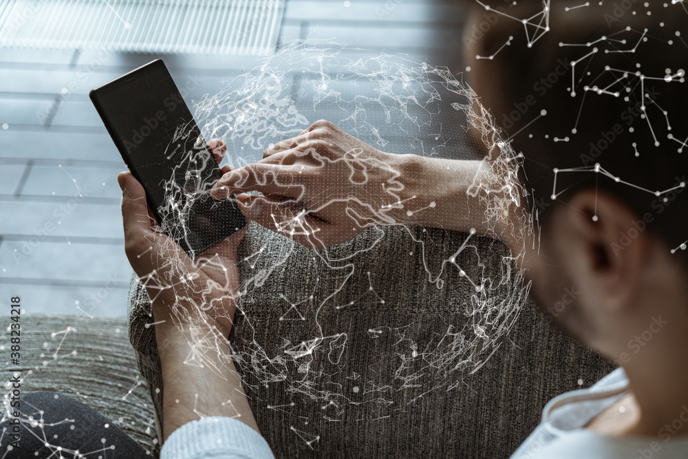 Poster double exposure of world map drawing hologram and a man searching information on phone in internet.