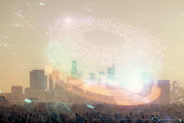 Data theme hologram drawing on city view with skyscrapers background multi exposure. Bigdata concept.