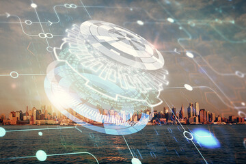 Data theme hologram drawing on city view with skyscrapers background multi exposure. Bigdata...