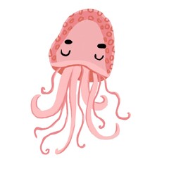 Medusa on an isolated white background. Pink jellyfish in cartoon style. Children's digital illustration. Tropical marine life, vector illustration.