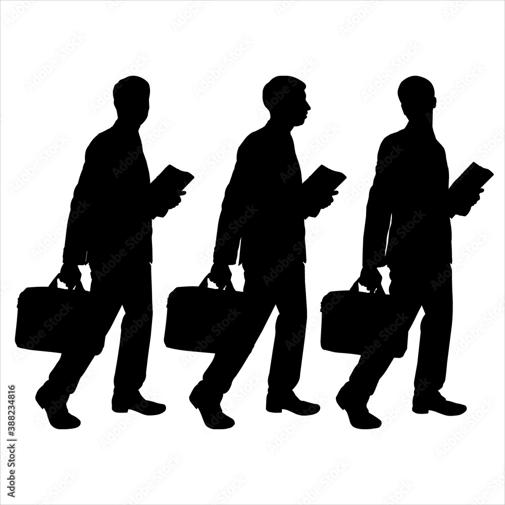 Poster illustration businessman in suit with suitcase and folder in her hands. men takes a step in line. of