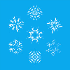 Set of snowflakes for Christmas and New Year festive decor. Winter shapes of precipitation. Fragile crystals and blue background are isolated on different layers. Vector illustration