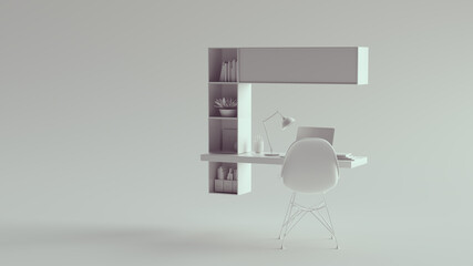 White Home Office Modern Desk and Shelves Simple Setup 3d illustration 