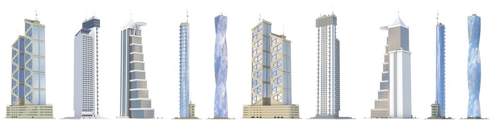 10 various angles views very detailed renders of fictional design corporate tall buildings with blue sky reflections - isolated, 3d illustration of architecture