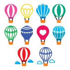 Hot air balloon and vector color icons set - air transportation, travel concept