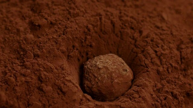 Organic craft chocolate truffle falling down in cocoa powder making amaizing splash, close-up, slow motion. Natural delicious vegan dessert, candymaking, homemade sweets production, confectionery
