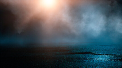 Dark cold wet street, asphalt, neon light. Reflection of neon in water. Empty night street scene, night city, smoke. abstract dark empty scene abstract night landscape neon blue light tree silhouettes