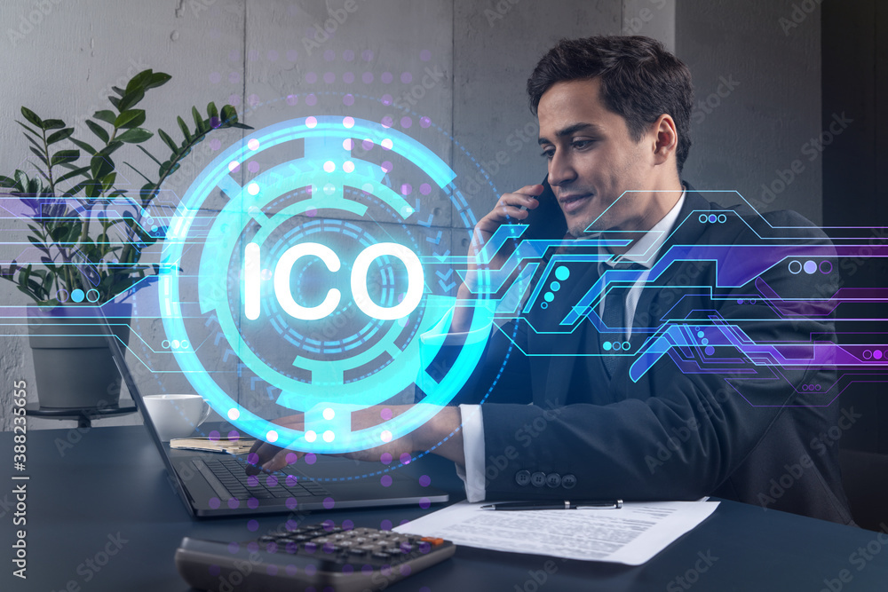 Poster businessman in office working with laptop technology online ico, typing computer assemble data drawi