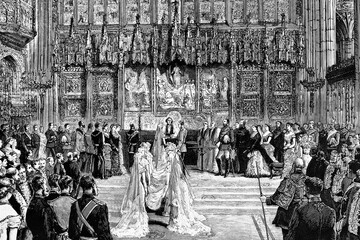 Wedding ceremony in St. George Chapel at Windsor Palace. Prince Leopold, Duke of Albany and Princess Helena of Waldeck and Pyrmont. 27th April 1882. Antique illustration, 1882.