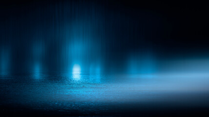 Obraz premium Dark cold wet street, asphalt, neon light. Reflection of neon in water. Empty night street scene, night city, smoke. abstract dark empty scene abstract night landscape neon blue light tree silhouettes