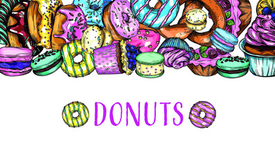 Fototapeta premium Vector illustration of donuts, coffee, pastries. Postcard, banner, screen saver. Bright illustrations of bagels, donuts, cookies, coffee, cappuccino, macaroons.