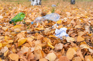 plastic bottles and scraps of paper, garbage on autumn leaves