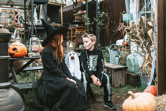 a boy in a skeleton costume and a girl in a witch costume with a dog in a ghost costume having fun on the porch of a house decorated to celebrate a Halloween party