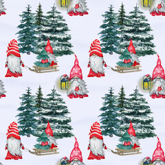 Watercolor cute red gnomes with  lanterns and christmas tree. Scandinavian dwarfs on white background. 