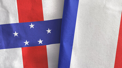 France and Netherlands Antilles two flags textile cloth 3D rendering