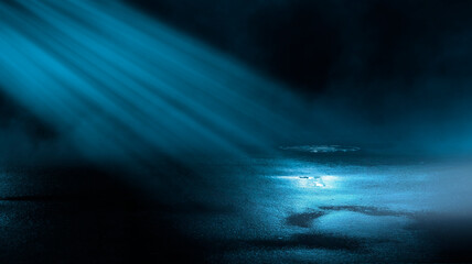 Dark cold wet street, asphalt, neon light. Reflection of neon in water. Empty night street scene, night city, smoke. abstract dark empty scene abstract night landscape neon blue light  silhouettes